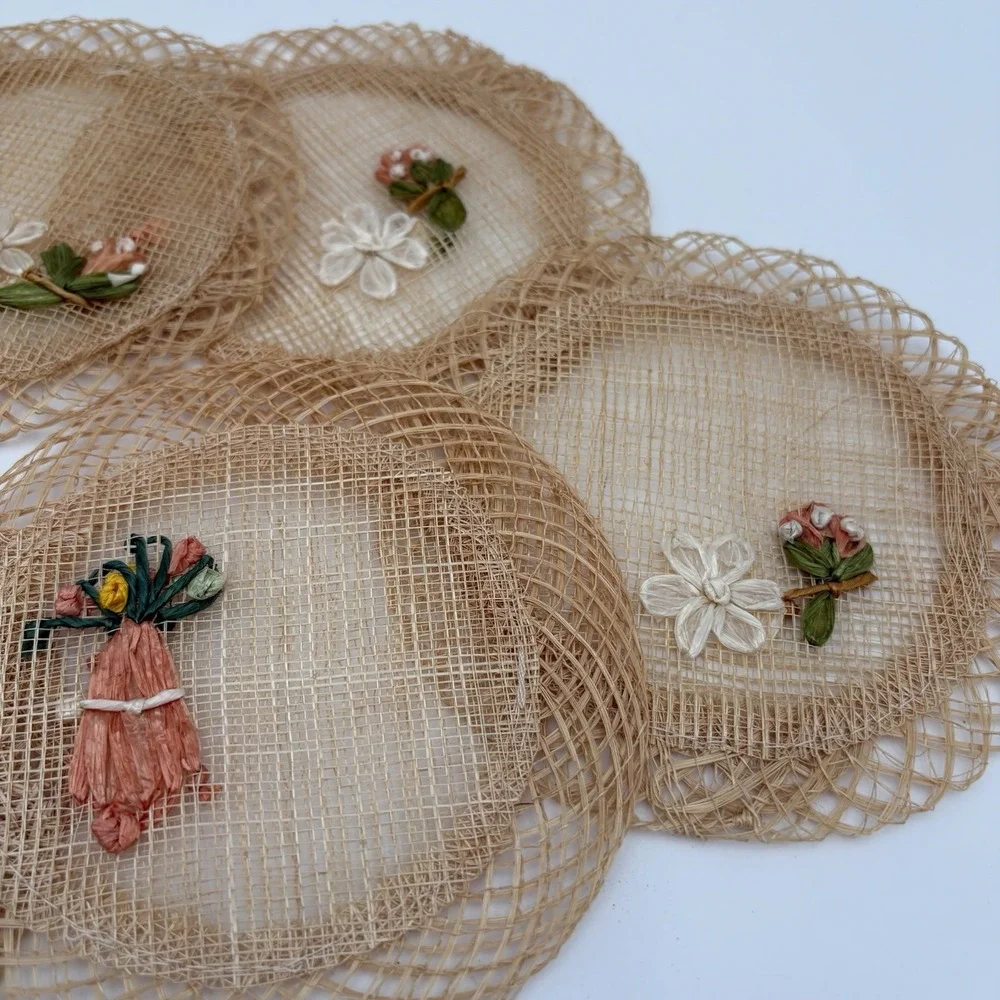 Handwoven Raffia Straw Round‎ Coasters Embroidered Flowers 6
